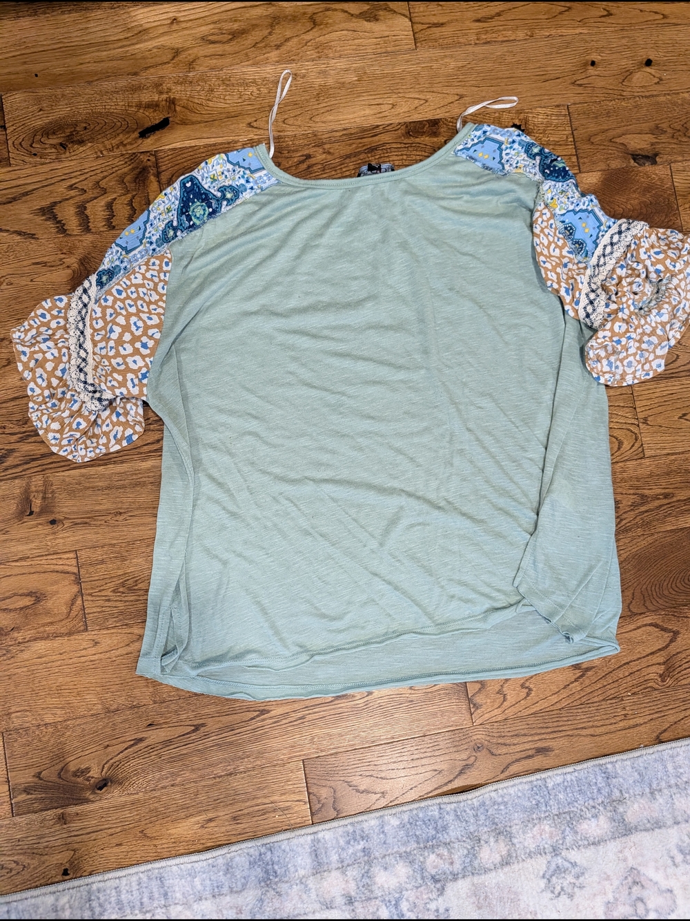 Sage Green Women’s Cold-Shoulder Blouse with Patterned Puff Sleeves